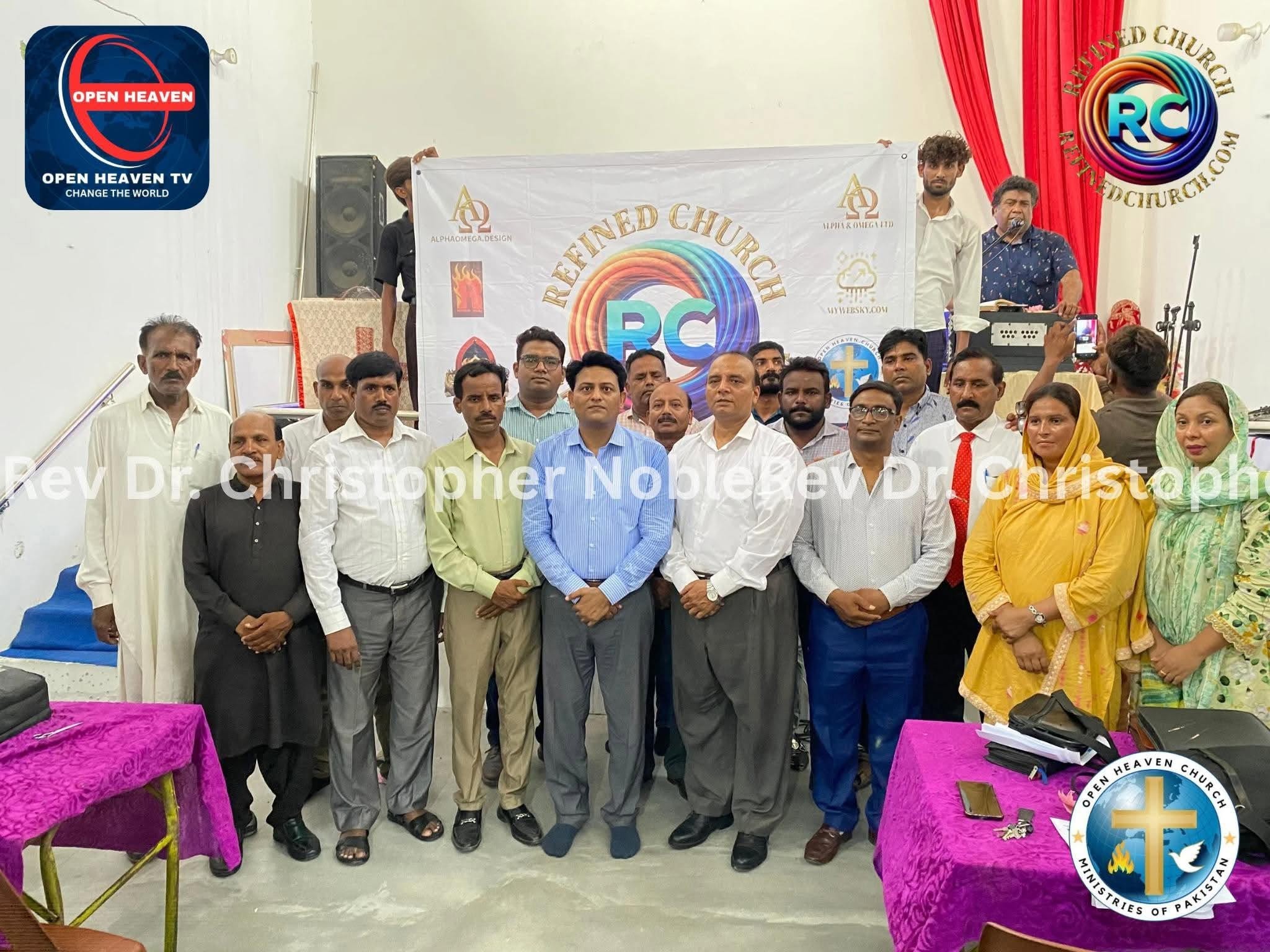 Refined Church Pakistan ordination ceremony poster featuring Prophet Paul Smith, Rev Dr. Christopher Noble, and the pastors being ordained.